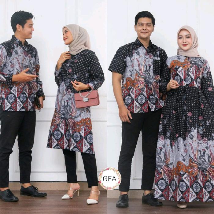 Batik Couple Gamis dan Tunik Atasan Tunik Saku Rits Depan dan Kemeja Pria Lengan Panjang Hem Batik K