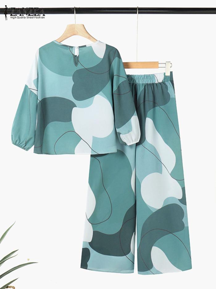2PCS Summer Bohemian Trousers Suits 2025 ZANZEA Women Vintage 3/4 Sleeve Blouse Pant Sets Holiday Pr