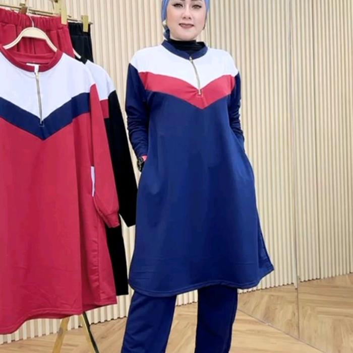setelan olga tunik salur navy