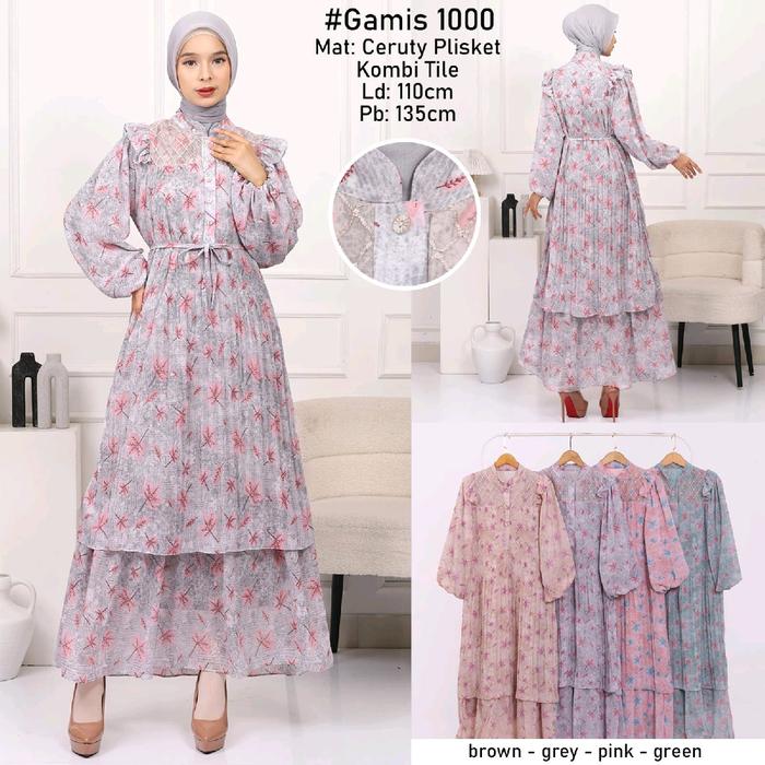 Gamis ceruty plisket motif daun kecil kancing mix tile, Sanjaya Fashion Muslim