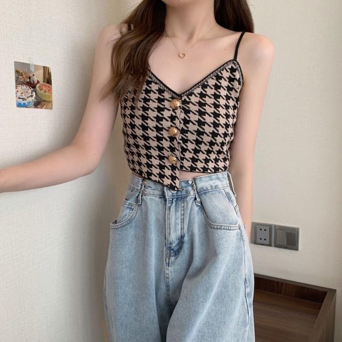 AJW [QAR] Tank Top Wanita Houndstooth Kancing Aktif Knit Premium | Tangtop Wanita Houndstooth Casual