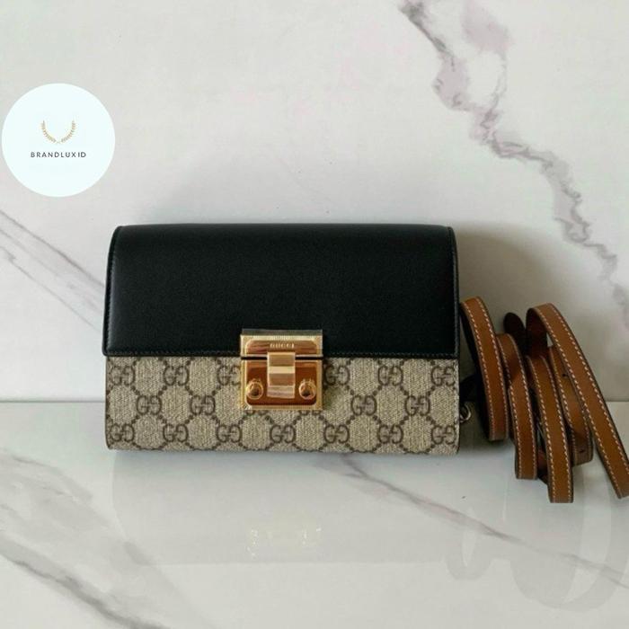 GUCCI SUPREME MINI PADLOCK SLING BAG IN EBONY BROWN / BLACK