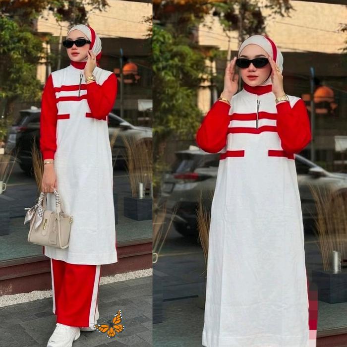 Baju Setelan Wanita Tunic Combad Warna Merah dan Putih Desain Garis 17 Agustus Kemerdekaan Kombinasi