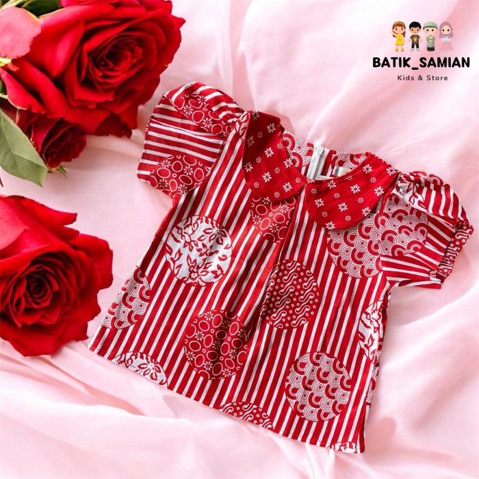 BATIK_SAMIAN ATASAN BATIK ANAK PEREMPUAN LENGAN PENDEK BLUS MOTIF LURIK BAHAN KATUN COCOK BUAT SERAG