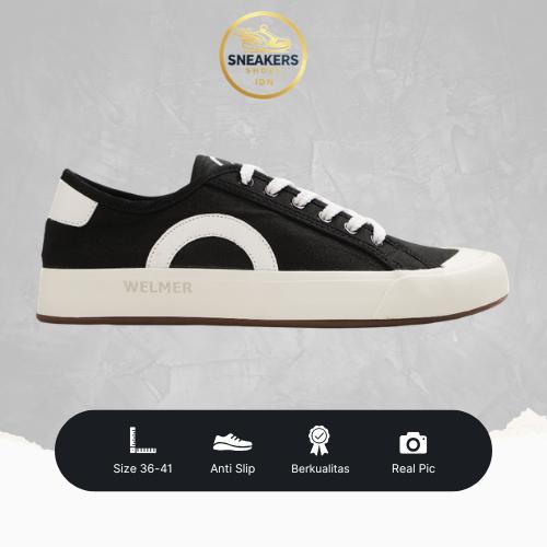 Sepatu Unisex Sneakers Pria Wanita Black / White WELMER Campus Series Kanvas Cowok Corduroy Low Cut 