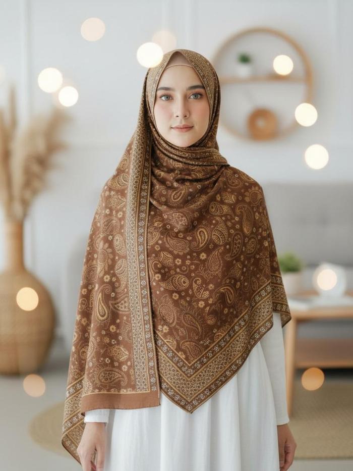 Pashmina Cashmere Coklat Almond Motif Pasmina Turkey Selendang Turki Motif Arabian Shawl