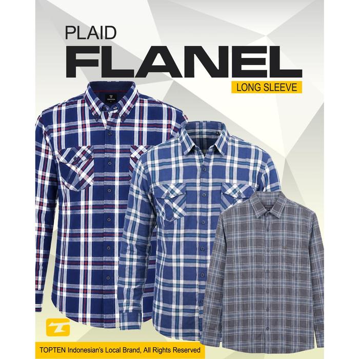 TOPTEN Kemeja Flanel Pria Lengan Panjang Kotak-Kotak Warna Varian