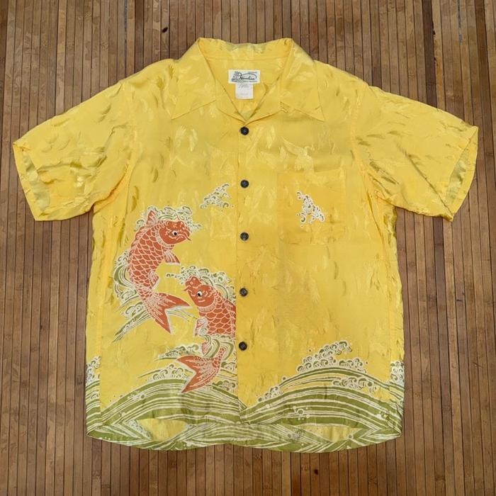VINTAGE 80s HINAHINA SILK KOI AND SWAN PATTERN ALOHA HAWAIIAN SHORT SLEEVE OPEN COLLAR SHIRT oniwa s