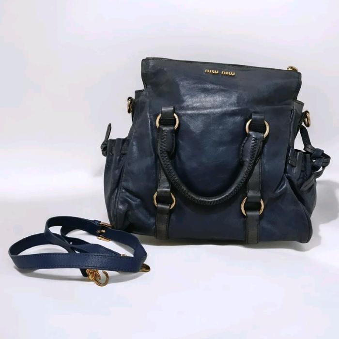 Miu Miu Vitello Lux Navy Bow Satchel Bag Original