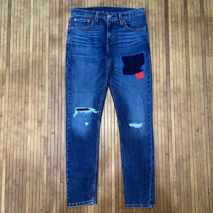 LEVIS 512 TAPERED FIT RIPPED DISTRESSED BIKERS EMBROIDERY PATCH STRETCH DENIM JEANS zara man balmain