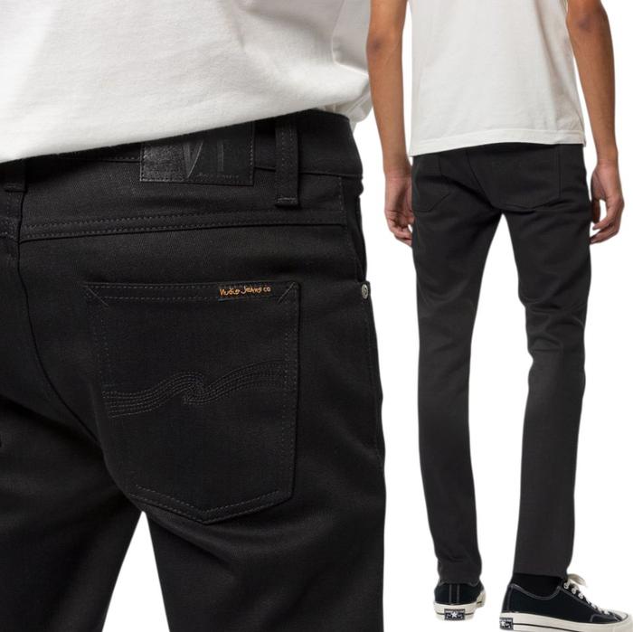 Celana jeans panjang pria, Slim fit , Nudie Lean Dean Dry Salvadge Original,Hitam,