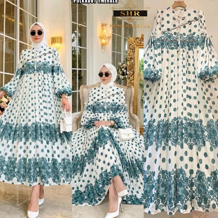 SHR New Original Baju Muslimah Polkadot Emerald dengan Desain Elegan dan Nyaman untuk Berbagai Kesem