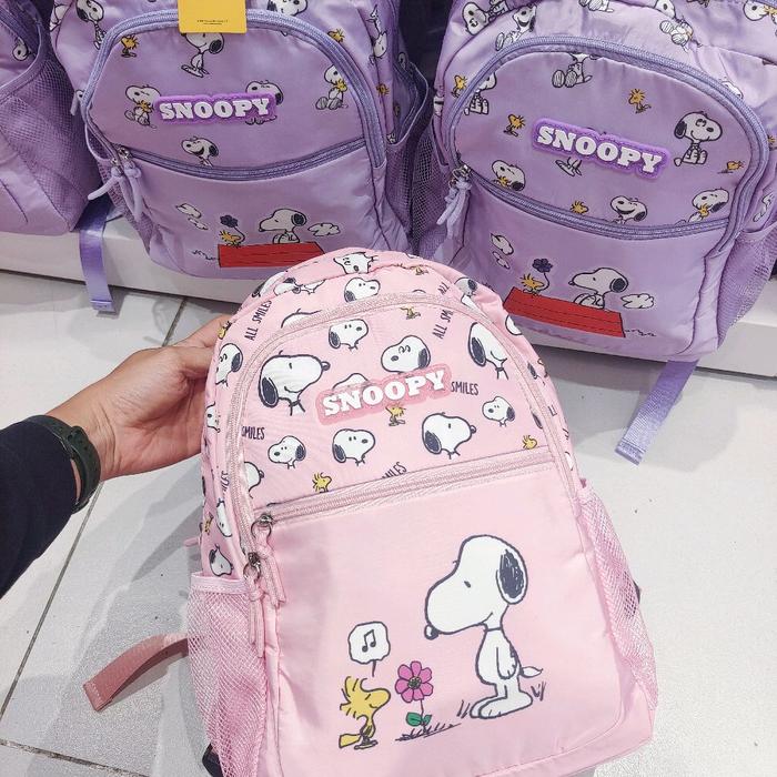 MINISO Tas Ransel / Backpack Lucu PEANUT SNOOPY Collection (28x12x38cm) PINK / PURPLE