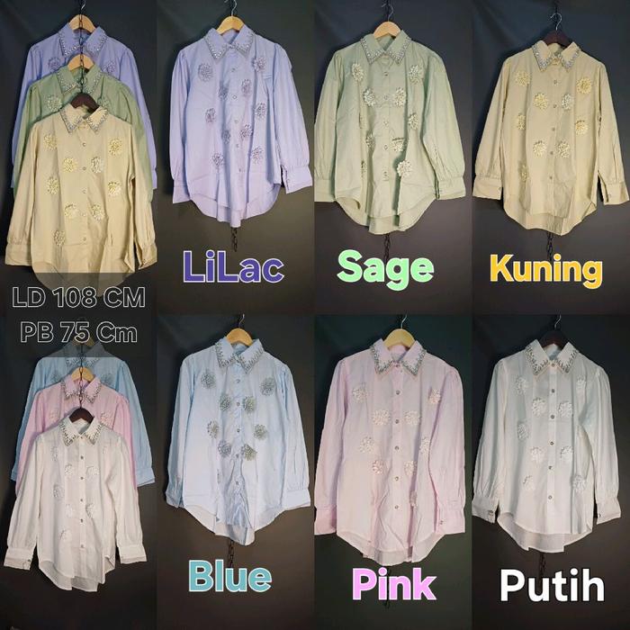 Adina Kemeja Katun Import Flower 3D & Renda L108|Blouse Atasan Wanita Aksen Bunga Casual Oversize Pa