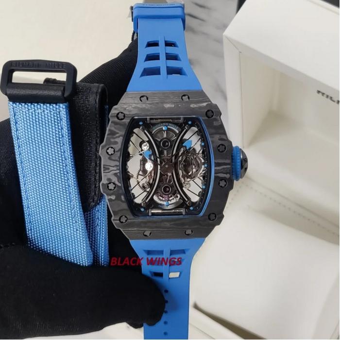RM 53 TOURBILLON BLACK WINGS JAM TANGAN PABLO BLACK CARBON SWISS SOFT RUBBER STRAP 44MM