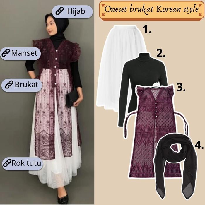 Set Outer Tunik Brukat Kondangan 4in1 Tunic Brukat+Rok tutu+Manset+Hijab Setelan Wanita Korean Look