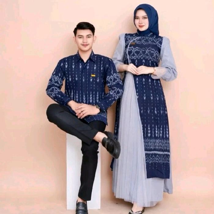 new set couple raina navy baju lebaran keluarga gamis wanita dan kemeja pria dewasa Muslim