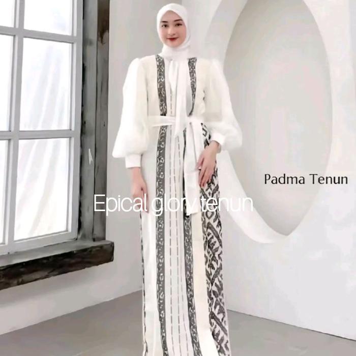 Gamis Tenun batik Padma Lengan Balon Wanita Formal Midi Dress Hitam - putih, Remaja, Pesta, Gaun, Ca