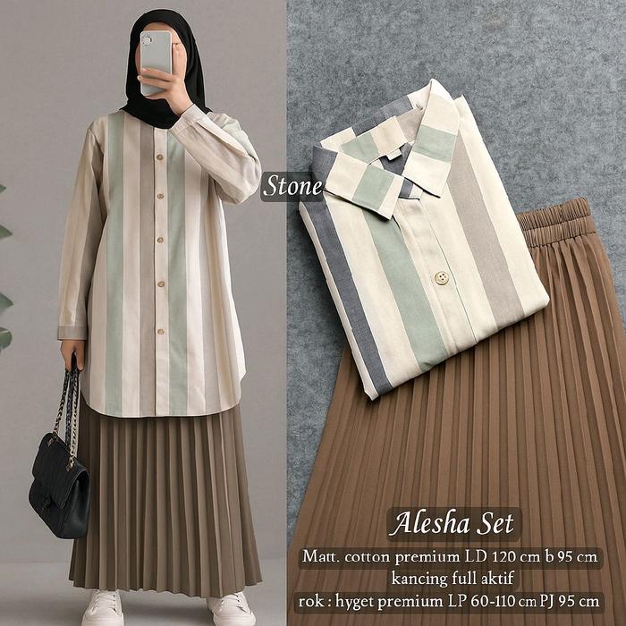 ALESHA SETELAN WANITA LONG TUNIK DAN ROK PLISKET JUMBO LD 120 CM FIT XXL / ONE SET MOTIF SALUR STRIP