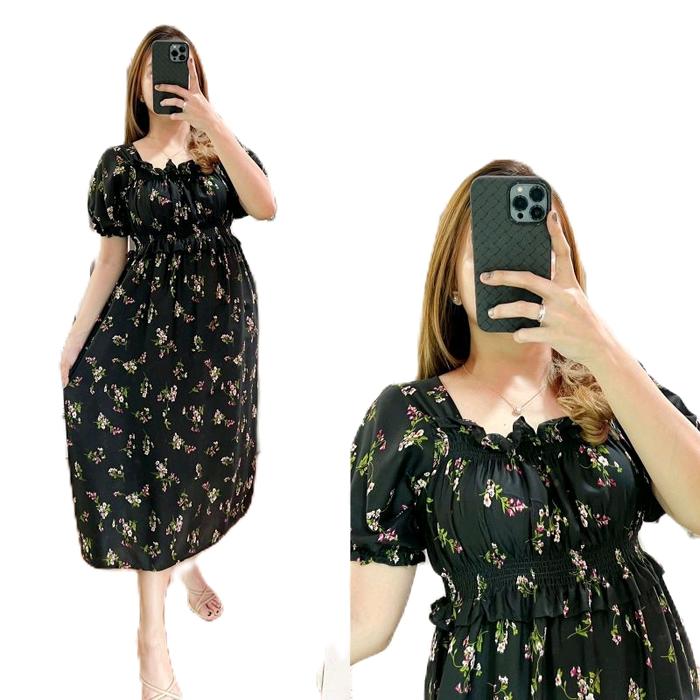 daster kerut pinggang Dress Wanita Rayon Dewasa Motif Pendek Busui Bumil Tidur Katun Panjang Serut