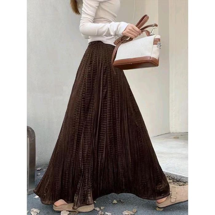 ARUM WANDA DEWI ROK PANJANG MAXI LONG WANITA BLUDRU VELVET PLISKET KOTAK HALUS LEMBUT WOL FLANEL SUE