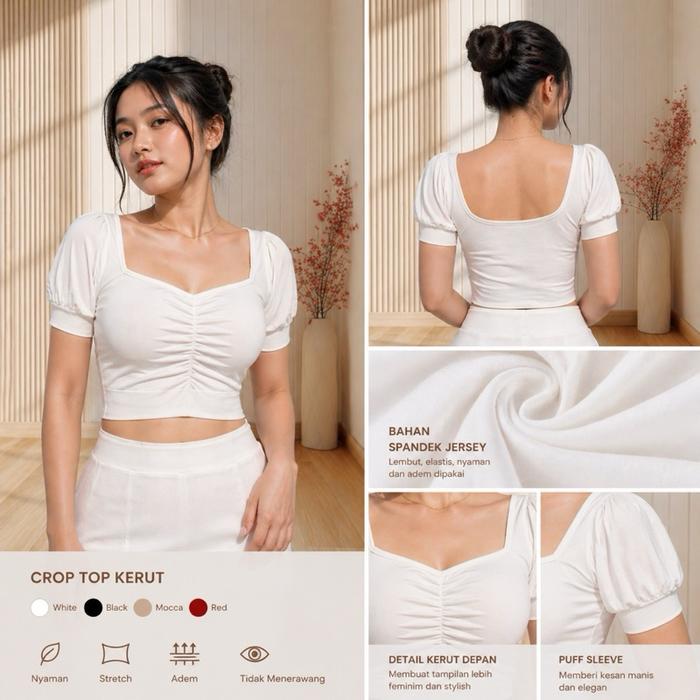Fiore Crop T-shirt Wanita Polos Spandek Jersey Stretch Slim-fitting Baju Jeans Tangan Balon Potongan