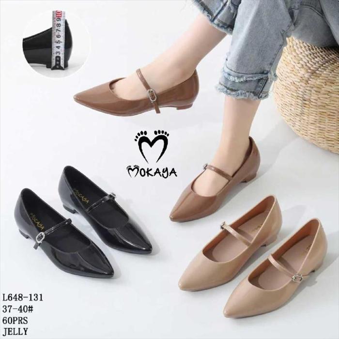 MOKAYA Sepatu Slop Jelly Wanita Glossy Hak Pendek Hias Tali Tengah Gesper - Formal Kantor Nyaman Rin