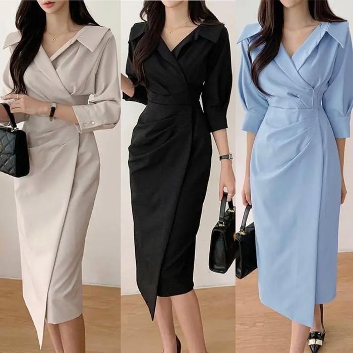D1507 CHOSHI VINTAGE MIDI DRESS SIMPLE POLOS CASUAL FORMAL KANTOR