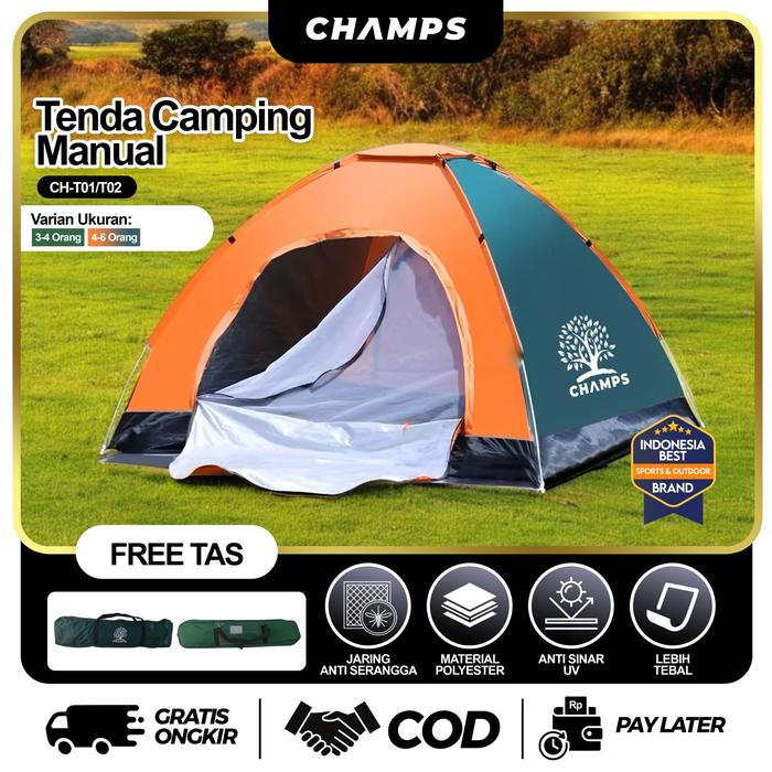 CHAMPS Tenda Camping Dewasa Rakit Jaring Anti Nyamuk 3-4 Orang - Tenda Camping Waterproof