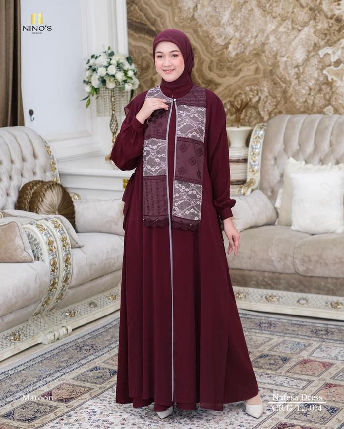 Nafesa Dress by Ninos Gamis Wanita Embroidery Floral Outer Ceruty Yurizu Busui Wudhu Friendly LD 110