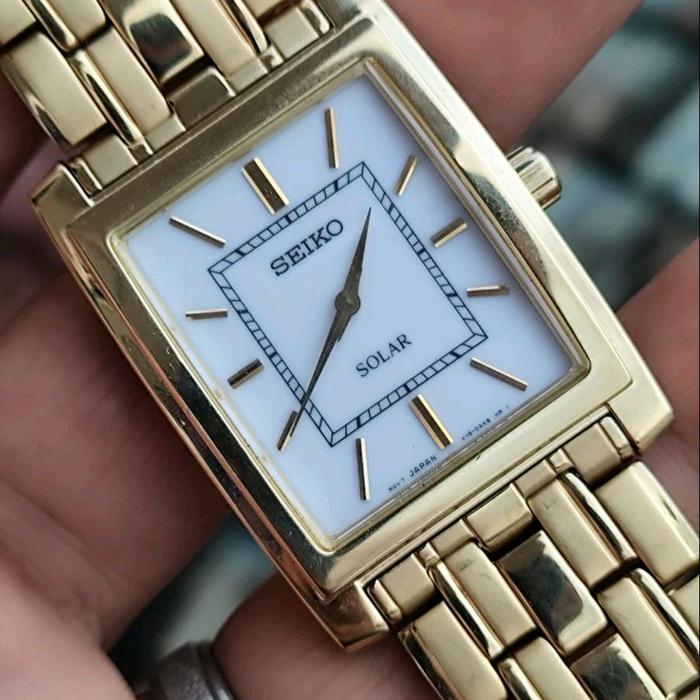 SEIKO SOLAR GOLD CASE SQUARE TANK BEAUTIFUL WHITE DIAL (EXTREMELY RARE)