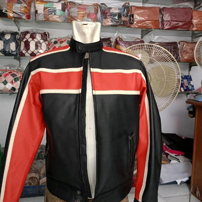 jaket kulit kambing supermodel bikers warna kombinasi orange