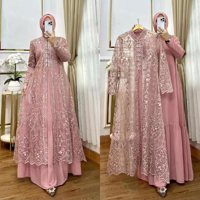 Laksmi Dress Gamis Brukat Set Outer Terpisah Premium Gamis Bahan Ceruty Babydoll Mewah Elegant Mocca