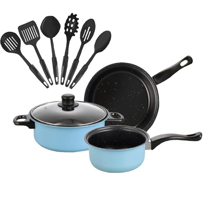Panci Set Serbaguna Teflon Marble 10 Pcs Cookware Set Tutup Kaca