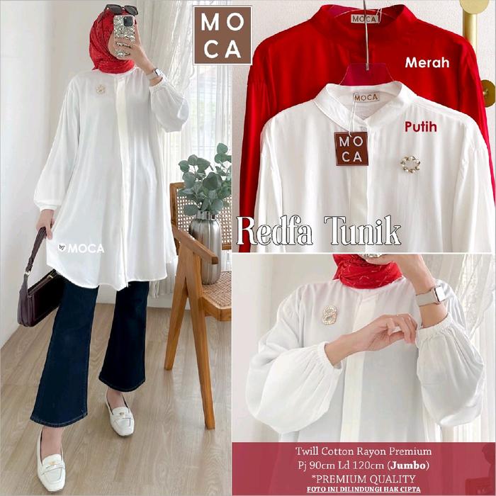 REDFA TUNIK ATASAN WANITA LENGAN PANJANG HEM KEMEJA MERAH PUTIH BERKANCING MOELA ORIGINAL TWILL JUMB
