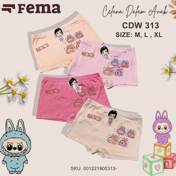 FEMA Official ECER 3 pcs CD Celana Dalam Boxer Anak Balita Perempuan Cewek 316 LABUBU