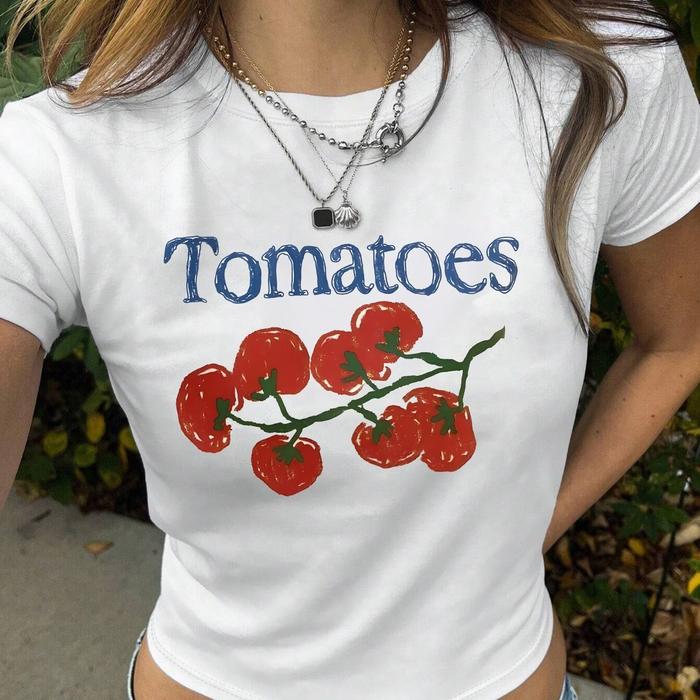 Kaos CROPTOP Wanita Tomatoes Cuttingan FITBODY Lengan Pendek Warna Putih