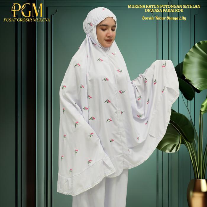 Mukena Potongan Setelan Dewasa Pakai Rok Bahan Katun Mikro Motif Bordir Tabur Bunga Lily