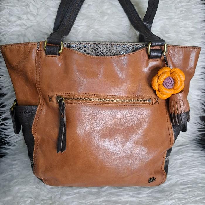 Tas Wanita Tote THESAK / Tas Bahu Wanita Bahan Kulit Asli Sapi Mix Kulit Ular / Warna Coklat Tua Dan