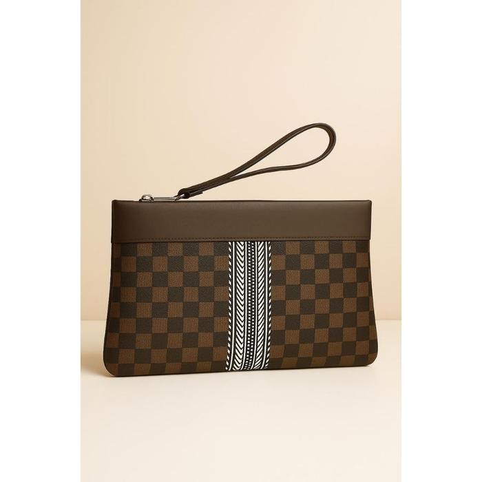 Handbag PU Leather Webbing Etnik Polyester Glossy Motif Kotak-kotak / Coklat / Clutch bag Tas Tangan