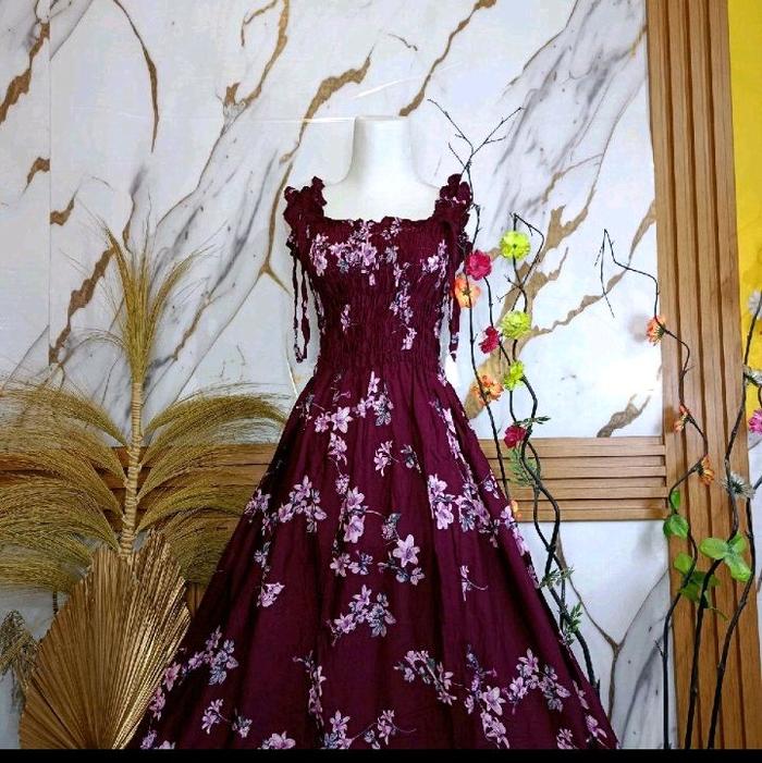 Syahrini Dress Lebar Magung Yukensi Kerut Bahan Rayon Premium Panjang Tebal Midi Motif Daster Pendek