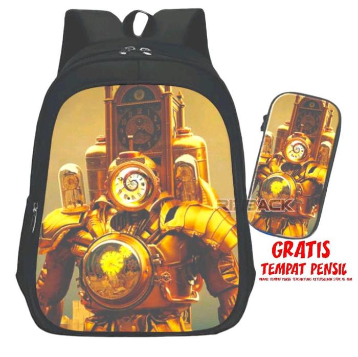 Tas Ransel Sekolah Anak Motif Robot jam Emas dengan Tempat Pensil Gratis Tas Ransel dan Saku Pensil 