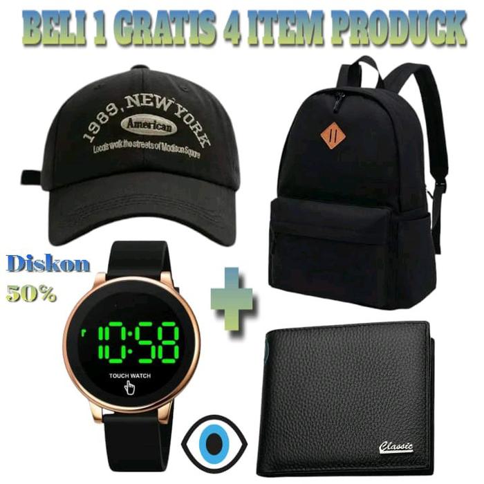 Paket Hemat Promo Beli 1 Gratis 4: Tas Ransel, Jam Tangan, Topi, dan Dompet Pria Wanita Unisex Sekol