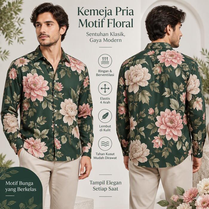 Kemeja Pria Batik Lengan Panjang Motif Floral 3D Warna Hijau Tua, Bunga Besar Bernuansa Pink dan Kre