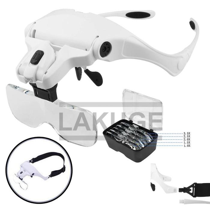 Kacamata Pembesar 5x Magnifier 2 LED Head Illuminated Loupe Magnifier