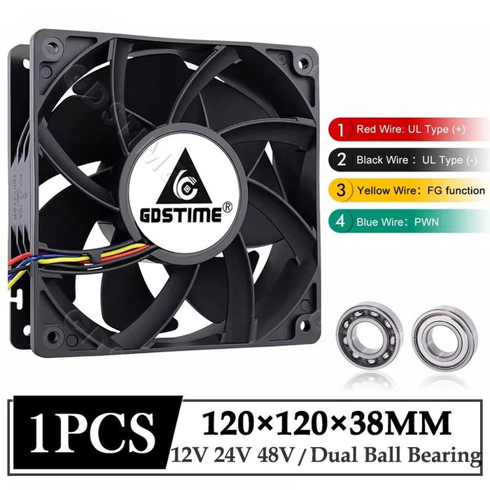 1Pcs Gdstime DC 12V 24V 48V 12038 120mm x 38mm 5300rpm High Airflow Cooler Fan 120x38m 12cm 4pin PWM