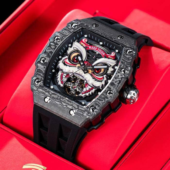 OBLVLO Cool Reef Tiger RGA3009 Chinese Lion Dance Unique Black Strap Skeleton Watch Jam Tangan Pria 
