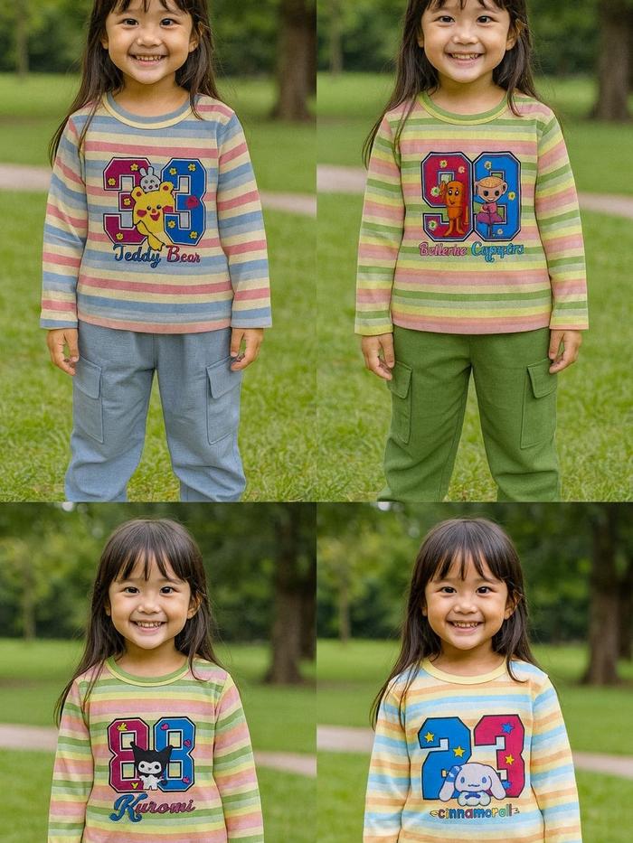 KO - PP SETELAN MAIN ANAK CEWEK/PEREMPUAN MOTIF KUROMI CINAMON ROLL TUNG SAHUR BALERINA CAT BEAR KOM