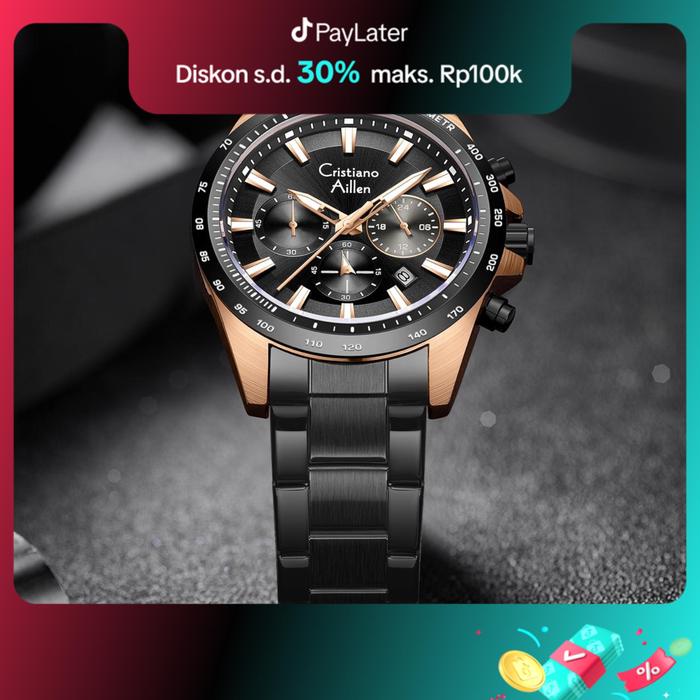 Terbaru Cristiano Aillen Jam Tangan Pria Analog 8891 Rantai Stainless Steel Chronograph Kaca Sapphir