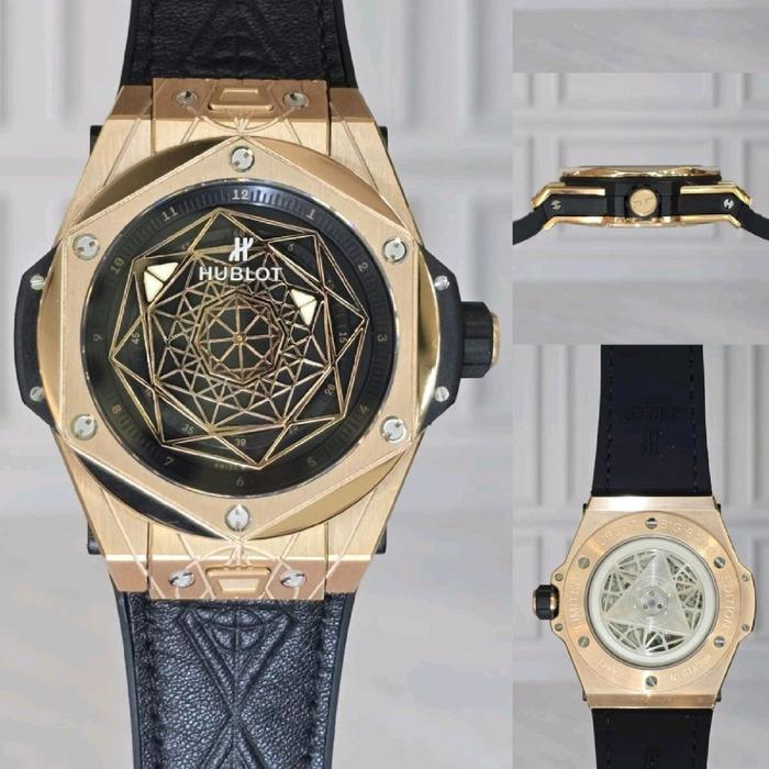JAM TANGAN PRIA DEWASA HublotBigbang Sang bleu Rose Gold Swiss Leather Dm 45 mm Fullset Box